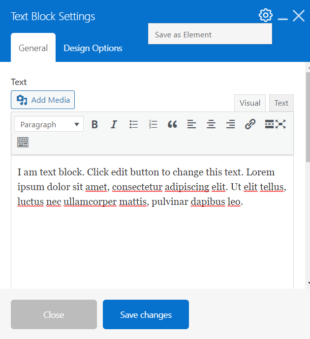 Save as element in element settings